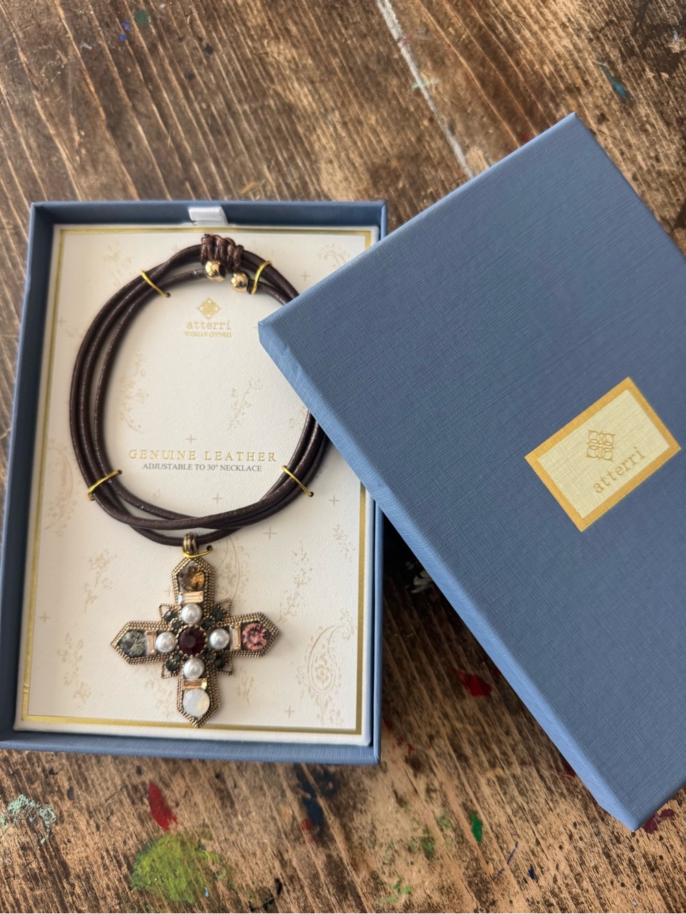 GORGEOUS Brown Leather Cross Pendant Necklace w/ Gem Accents- adjustable length